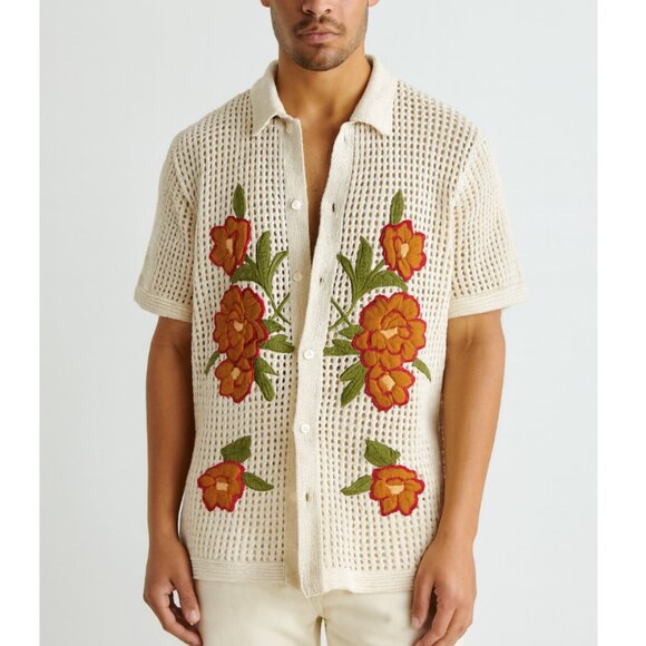 Abercrombie & Fitch Men's Floral Knit Short Sleeve Button Down Shirt Cream Large - Picture 2 of 7